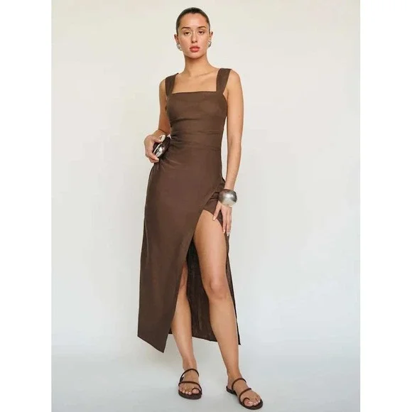 NWT Reformation Clement Linen Midi Dress Chocolate Cake - Size 8 Dresses